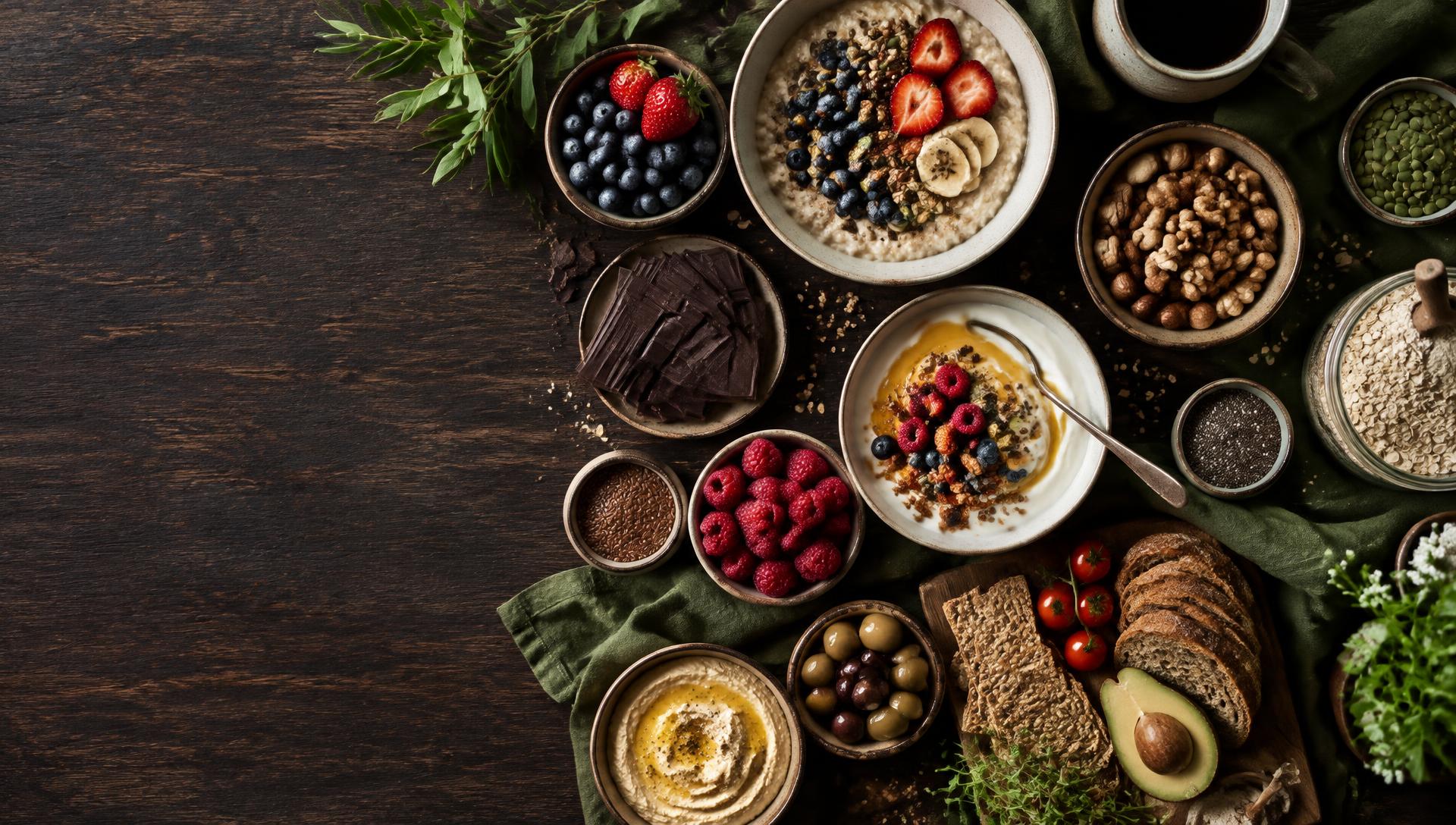 A colourful spread of breakfast foods, fruit, grains and pantry ingredients