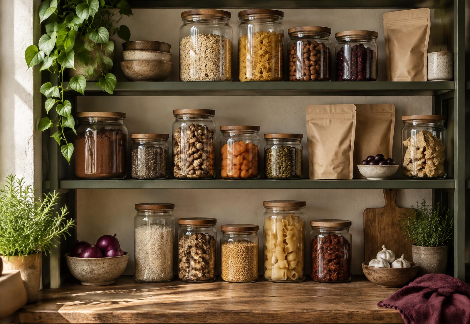 A warm modern pantry ready for a curated food assortment
